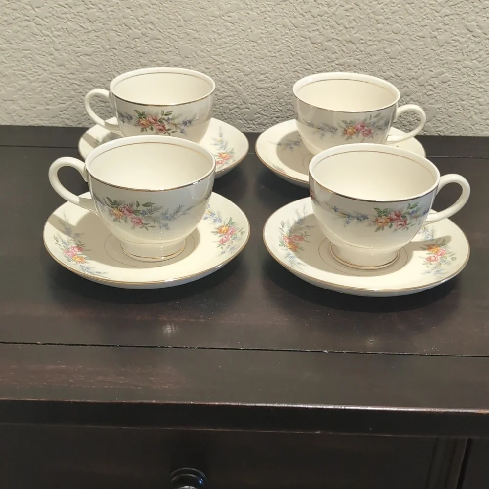 Four (4) Homer Laughlin Eggshell Nautilus Ferndale Cup & Saucer Sets